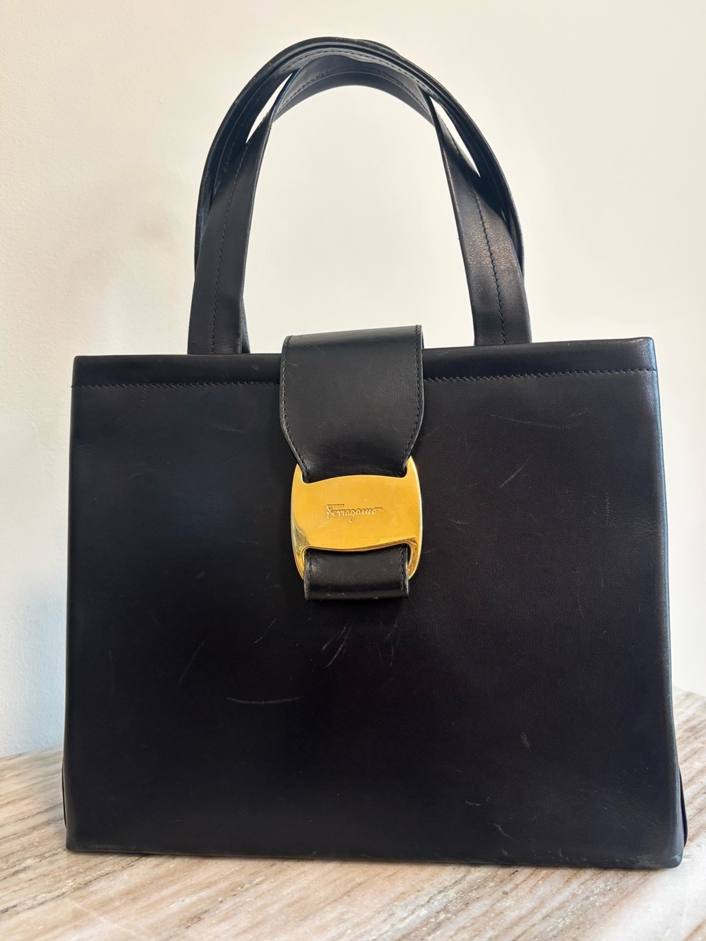 Vintage Salvatore Ferragamo Black Leather Top Handle Bag Gold Hardware Italy - Picture 2 of 13